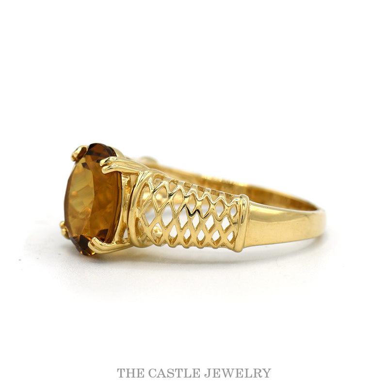 Side profile of the 14k yellow gold citrine lattice ring