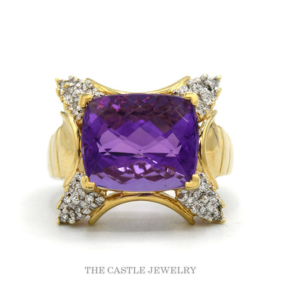14k yellow gold cushion cut amethyst ring with diamond corners — top view