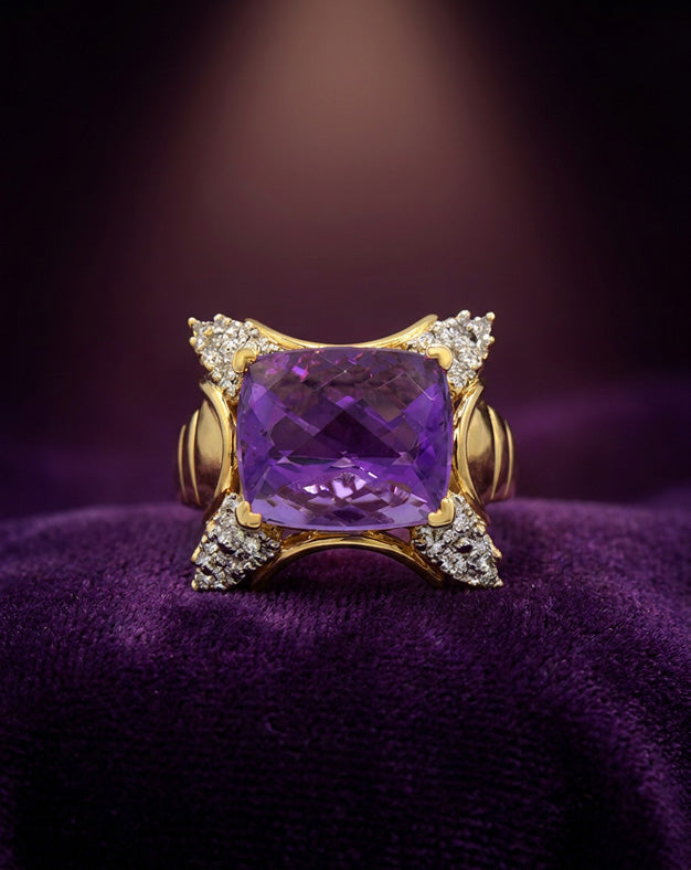 Cushion Cut Amethyst Ring with 0.10ctw Diamond Cluster Corners in 14k Yellow Gold