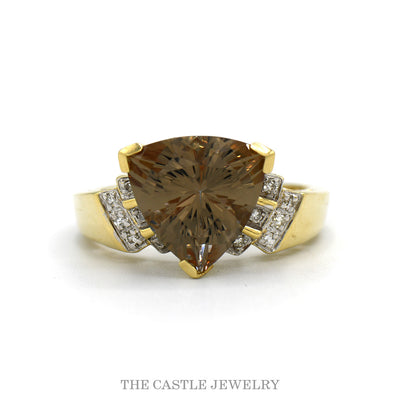 14k yellow gold trillion tourmaline ring with diamond sides — top view