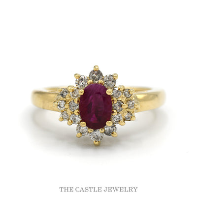 Oval ruby ring with .38cttw double diamond halo in 14k yellow gold — top view