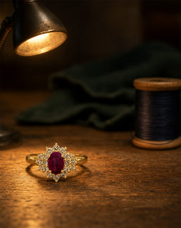 Oval Ruby Ring with .38cttw Double Diamond Halo in 14k Yellow Gold