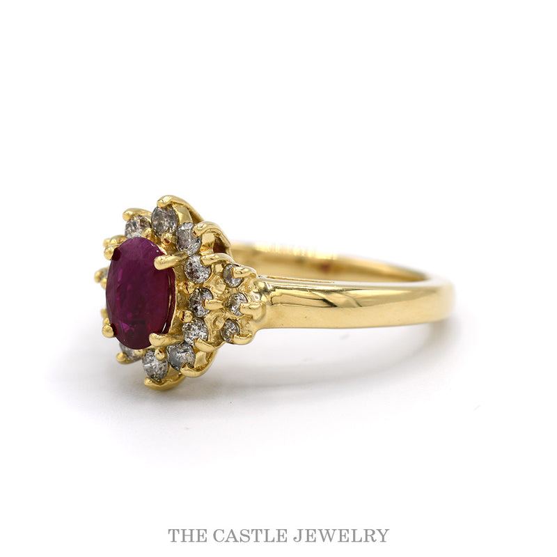 Side profile of the oval ruby double halo ring showing the raised head and plain shank