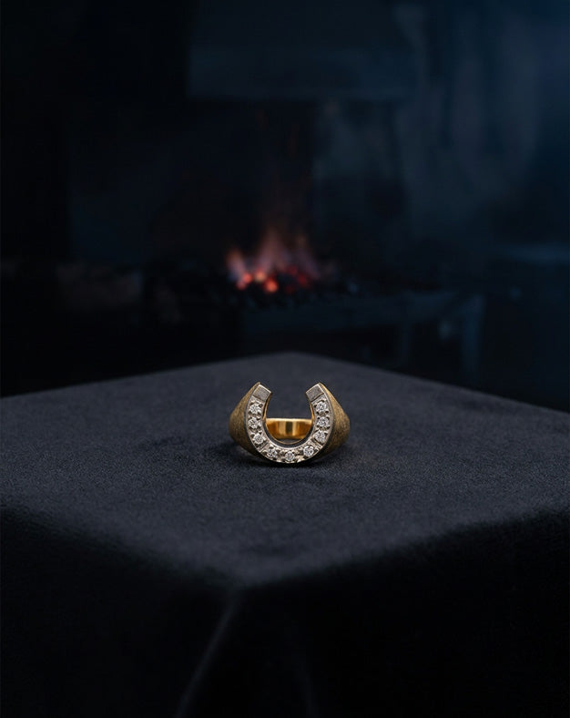 Men's Horseshoe Ring with .23cttw Diamonds and Brushed 14k Yellow Gold Sides