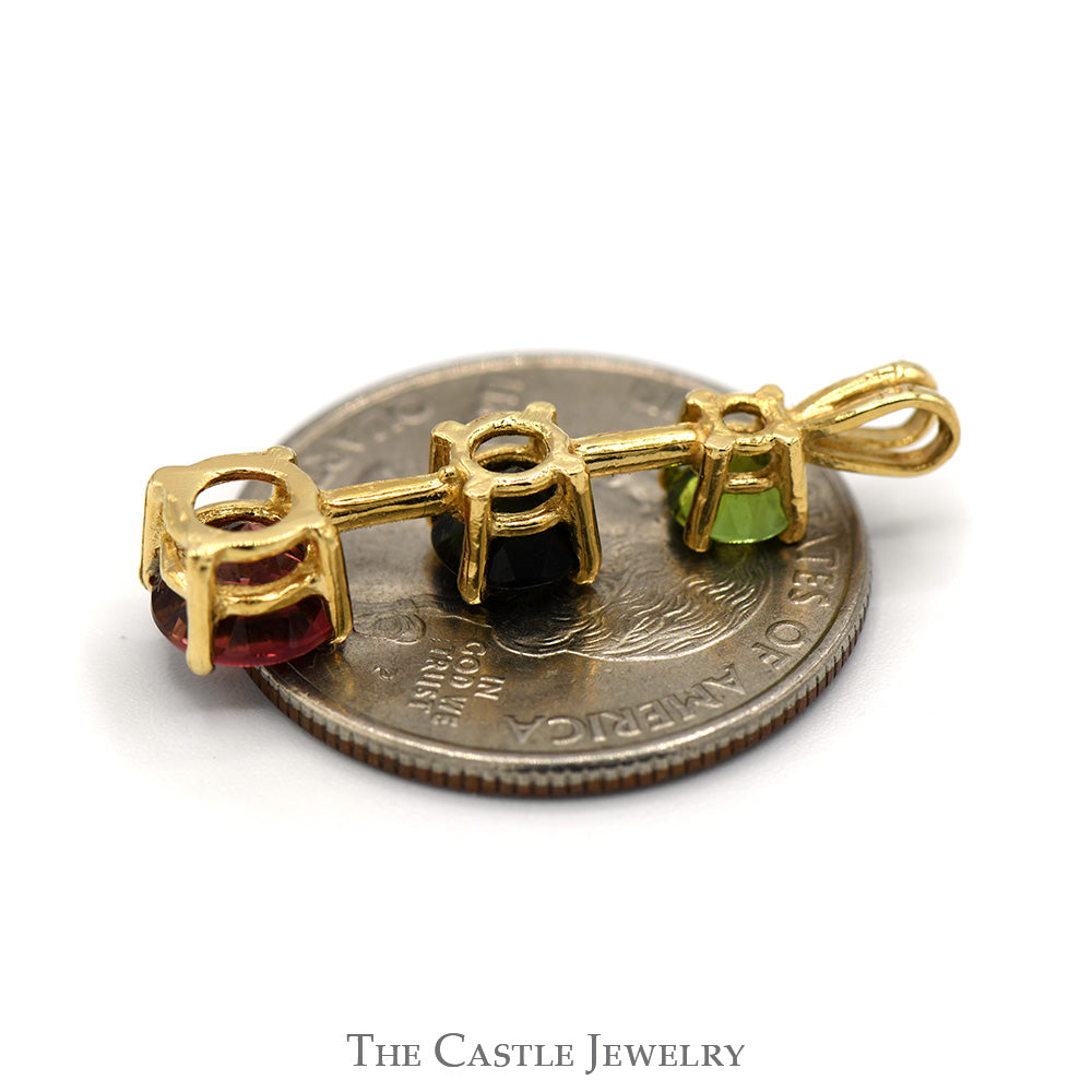 Three Stone Peridot, Blue Tsavorite & Rhodalite Garnet Pendant in 14k Yellow Gold