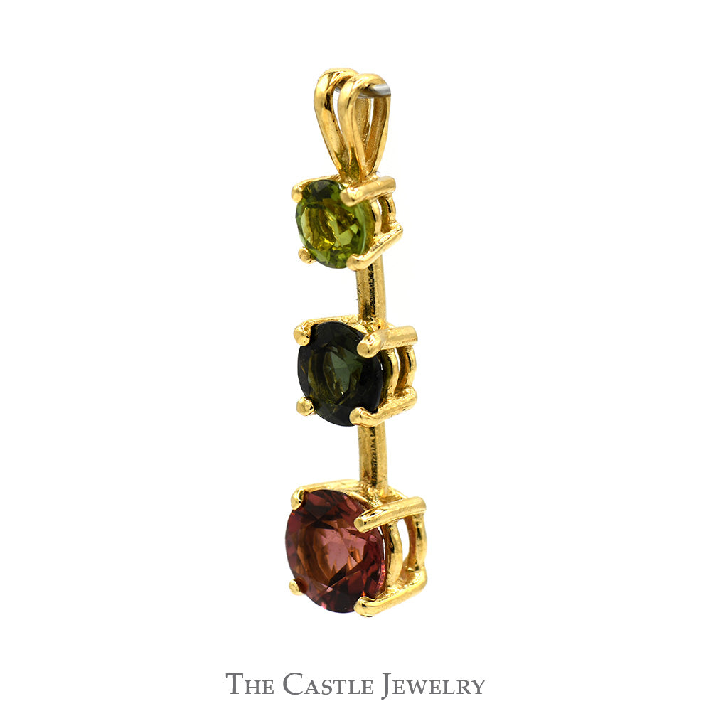 Three Stone Peridot, Blue Tsavorite & Rhodalite Garnet Pendant in 14k Yellow Gold