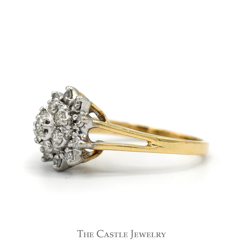 Flower Shaped Diamond Cluster Ring with Split Shank Sides in 14k Yellow Gold