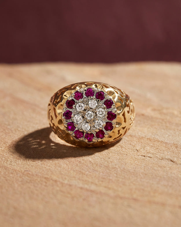 Ruby & Diamond Kentucky Cluster Ring with Open Filigree Sides in 10k Yellow Gold — lifestyle photography