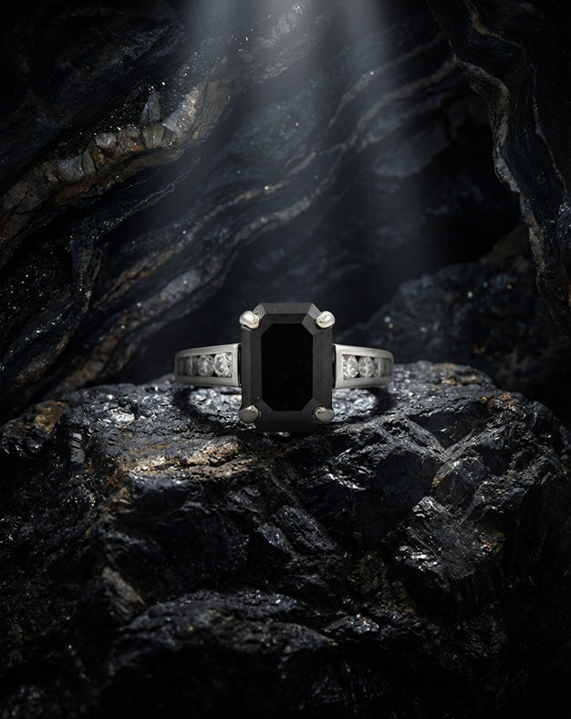 6ct Emerald Cut Black Diamond Ring with Channel Set Diamond Accented Sides in 14k White Gold — lifestyle photography