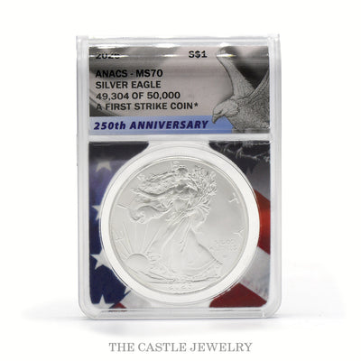 2026 American Silver Eagle ANACS MS70 First Strike, 250th Anniversary label #49304 — obverse, Walking Liberty