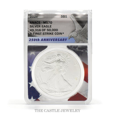 2026 American Silver Eagle ANACS MS70 First Strike, 250th Anniversary label #49316 — obverse, Walking Liberty