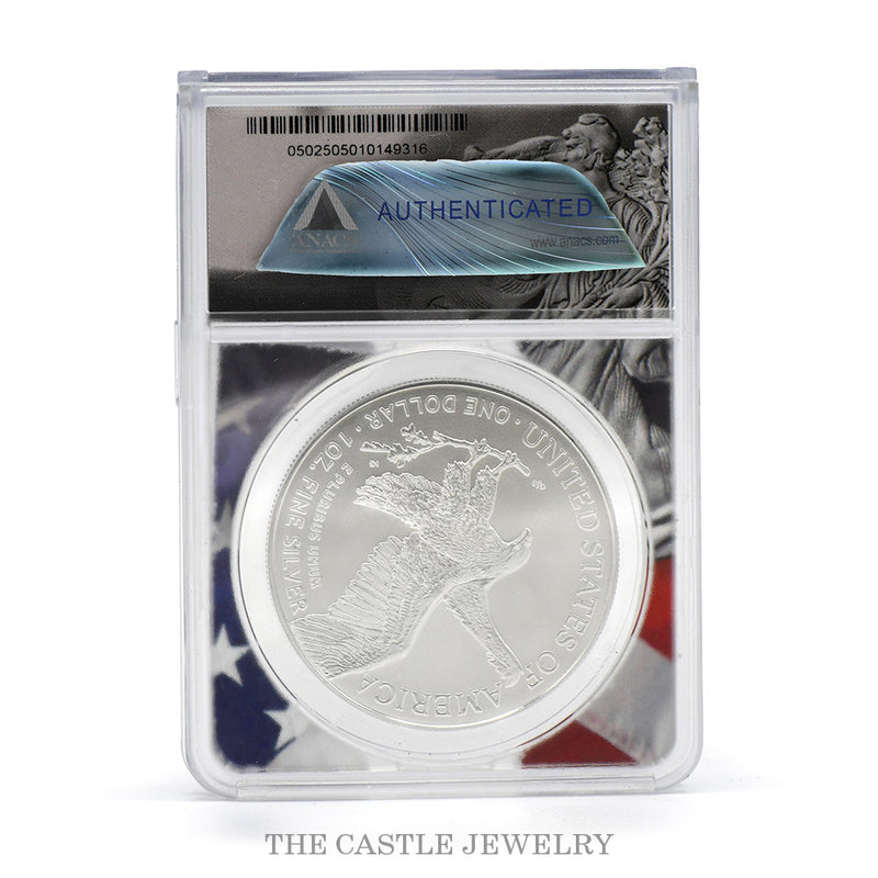 2026 American Silver Eagle ANACS MS70 label #49316 — reverse, Damstra eagle, with ANACS authentication hologram and cert 0502505010149316