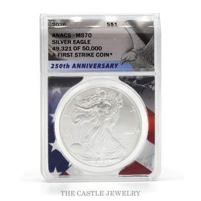 2026 American Silver Eagle ANACS MS70 First Strike, 250th Anniversary label #49321 — obverse, Walking Liberty