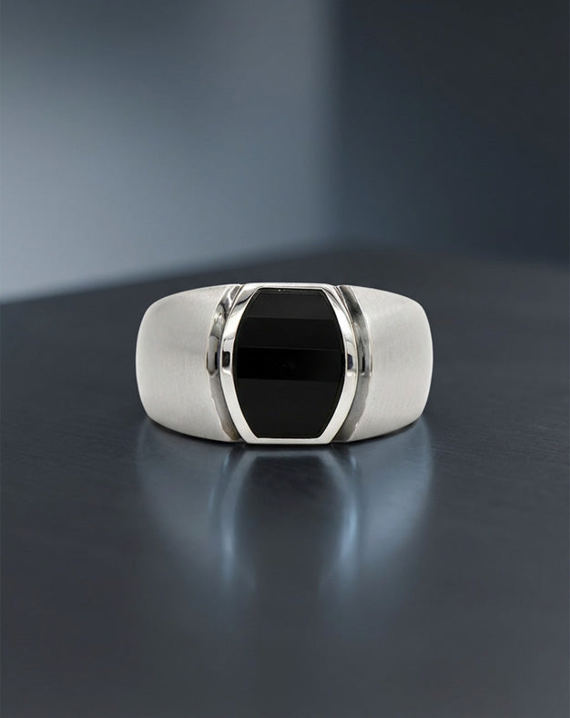 Faceted Black Onyx Men's Ring with Brush Textured Sides in 14k White Gold