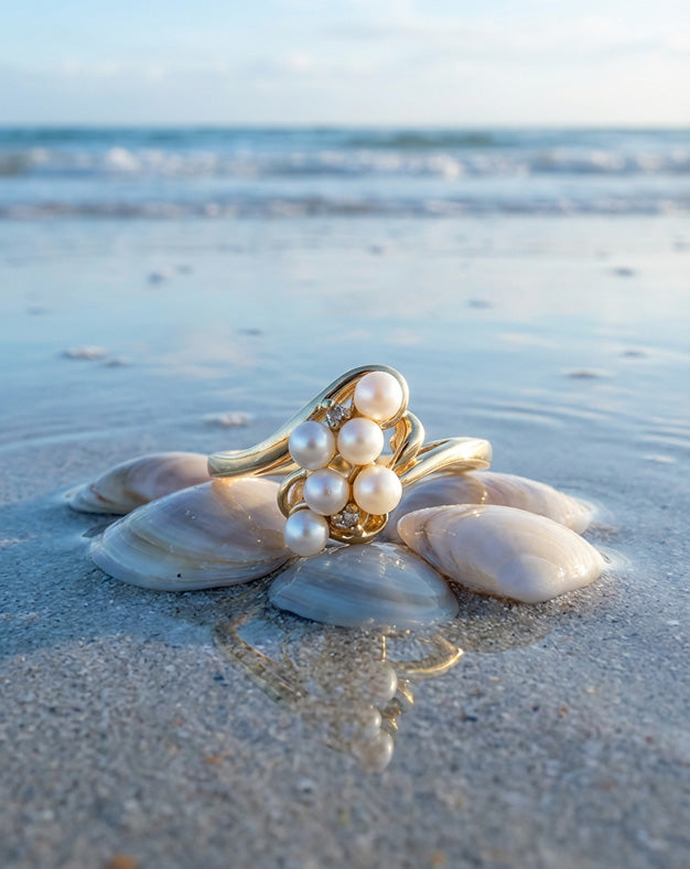 Swirled Freeform Pearl Cluster Ring with Diamond Accents in 14k Yellow Gold