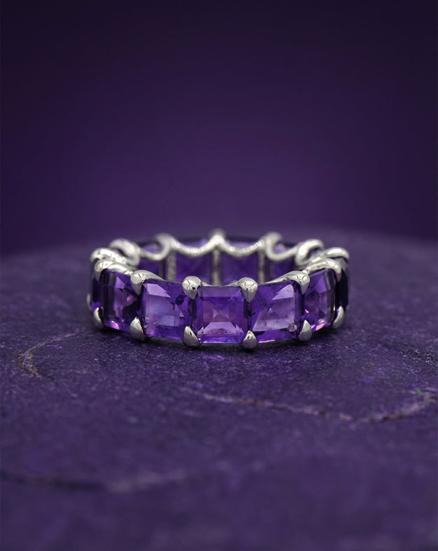 Emerald Cut Amethyst Eternity Band in 14k White Gold - Size 8.25
