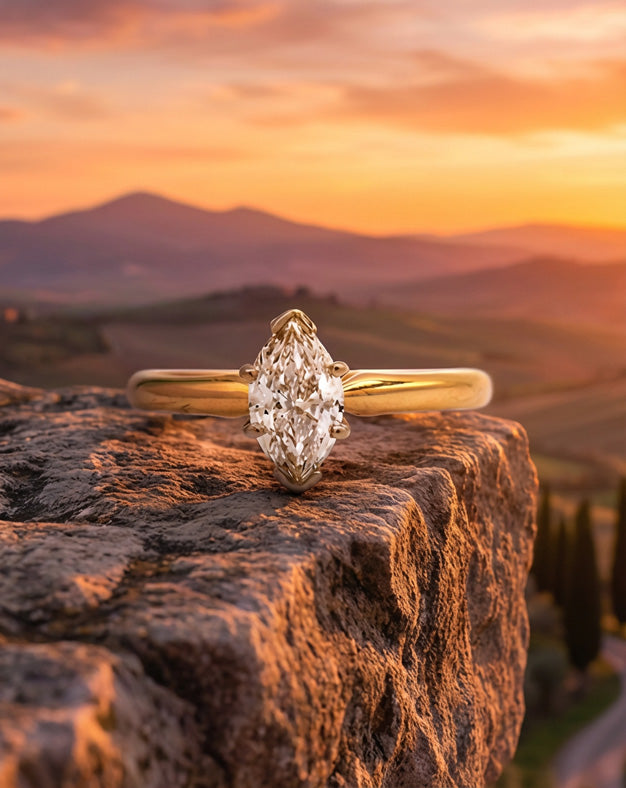 1ct Marquise Cut Diamond Solitaire Engagement Ring in 14k Yellow Gold 6 Prong Mounting