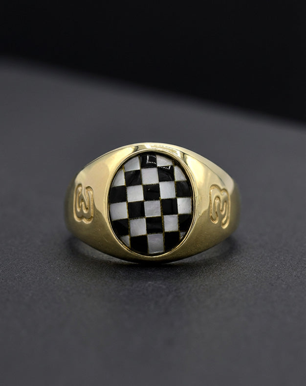 Oval Shaped Checkered Mother of Pearl & Onyx Racing Ring with "3" Sides in 10k Yellow Gold