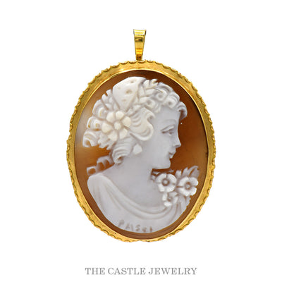 18k yellow gold hand-carved shell cameo pendant/brooch — front view