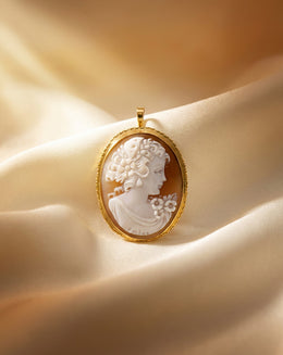 Hand-Carved Shell Cameo Pendant/Brooch with Floral Portrait in 18k Yellow Gold