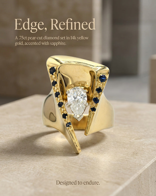 .75ct Pear Diamond & Sapphire Modern Fashion Ring in 14k Yellow Gold — lifestyle photography