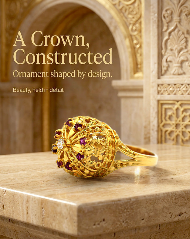 18K Yellow Gold Ruby Cluster Royal Crown Designed Dome Ring with Diamond Center — lifestyle photography