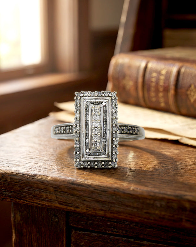 10K White Gold 1/2cttw Round Baguette Diamond Cluster Rectangle Halo Ring — lifestyle photography