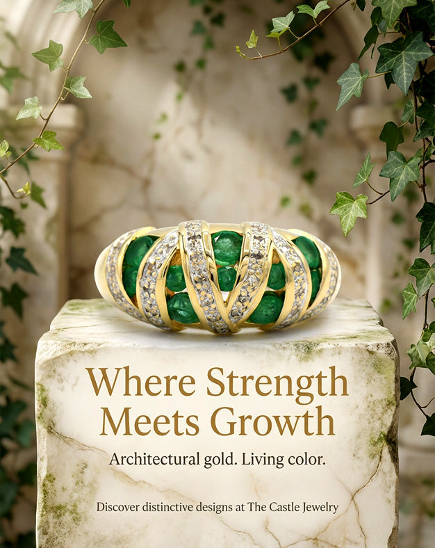 14K Yellow Gold Emerald and Diamond Dome Statement Ring — lifestyle photography