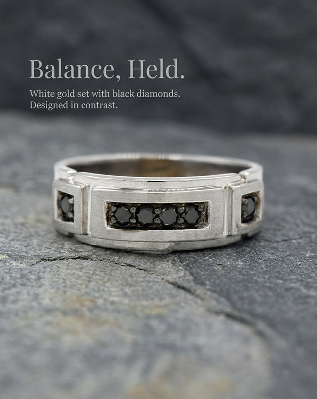 10K White Gold 1/4cttw Black Diamond Men’s Brushed Wedding Band — lifestyle photography