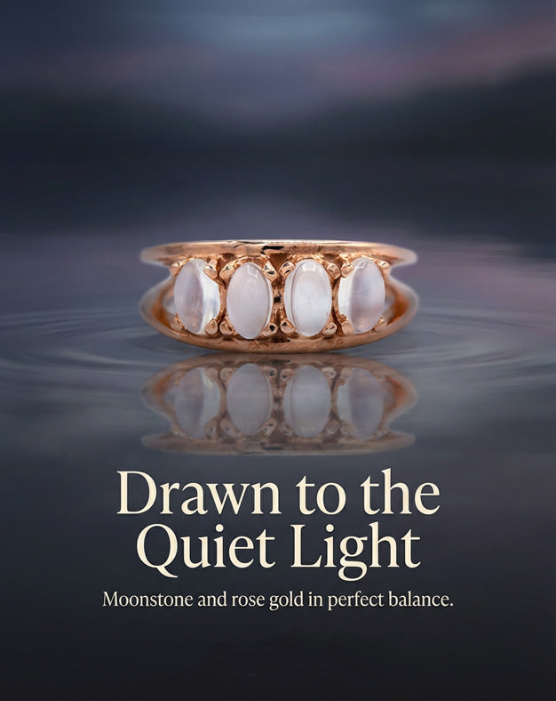 14K Rose Gold 5 Oval Moonstone Split Shank Ring — lifestyle photography