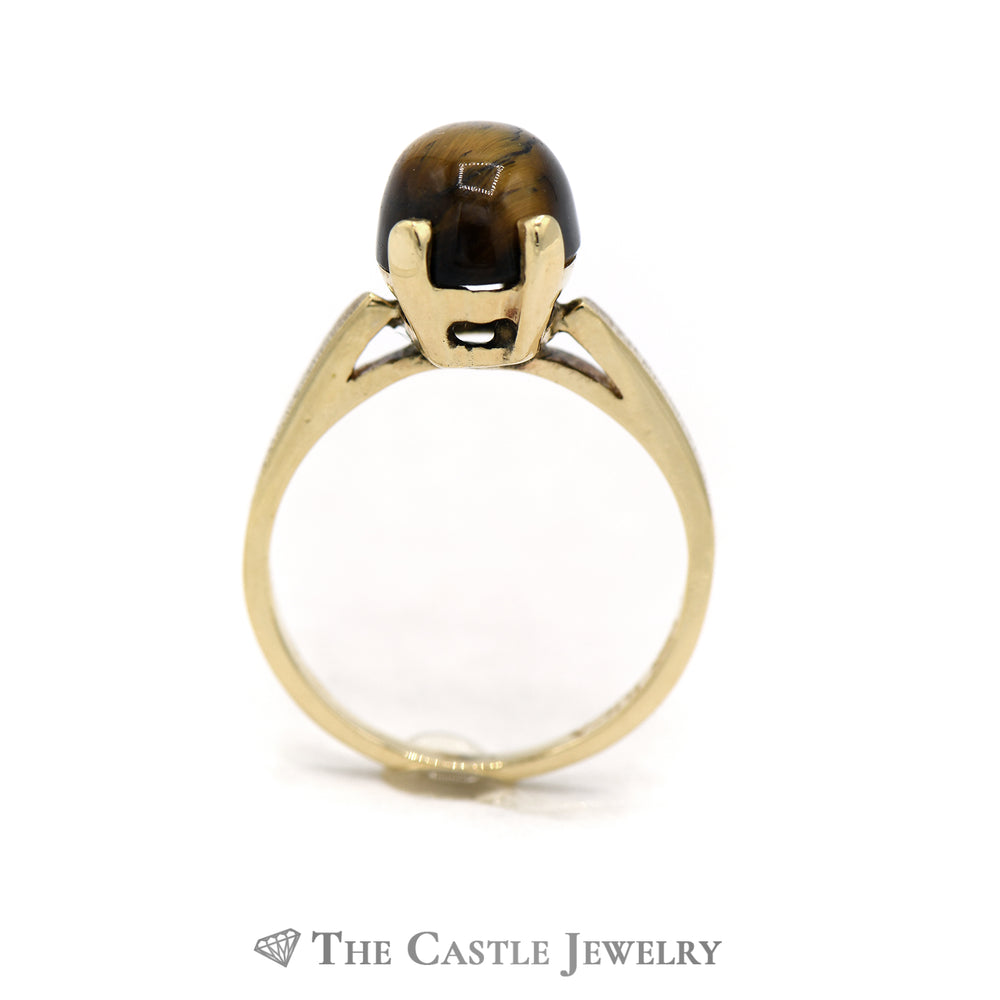 Oval Cabochon Tiger's Eye Ring in 14k Yellow Gold Cathedral Mounting