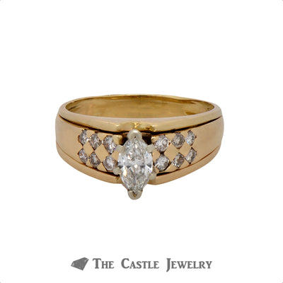 .85cttw Marquise Cut Diamond Bridal Set with Flat Set Diamond Accents in 14k Yellow Gold