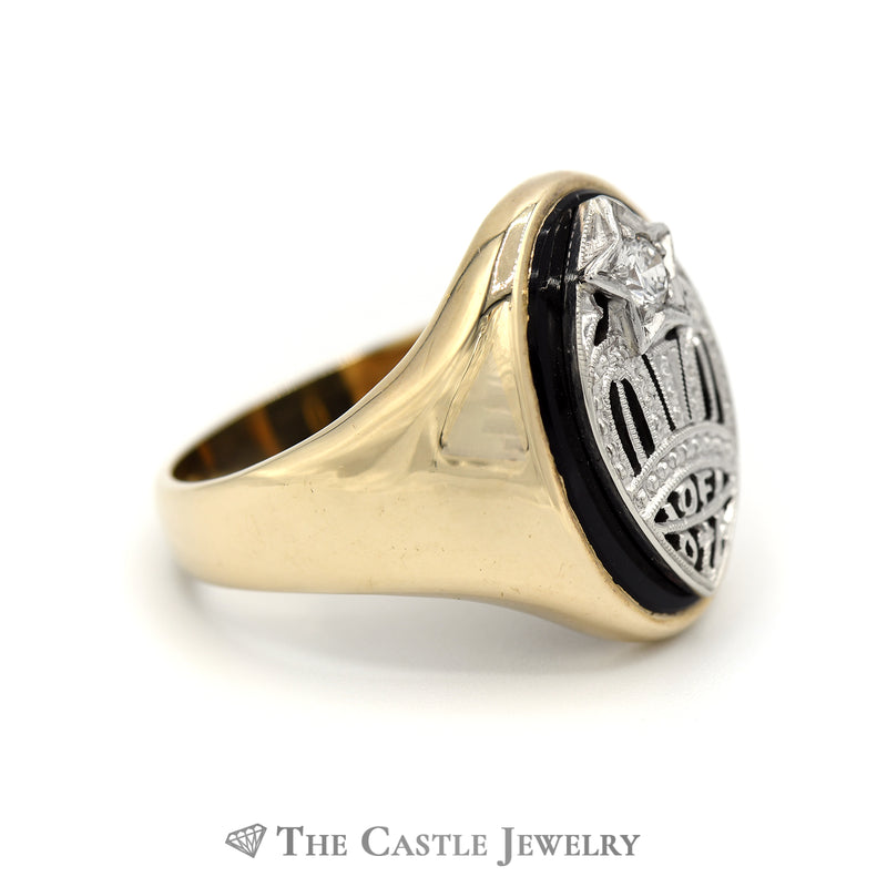Onyx Diamond Temple Masonic Ring in 10k Yellow & White Gold