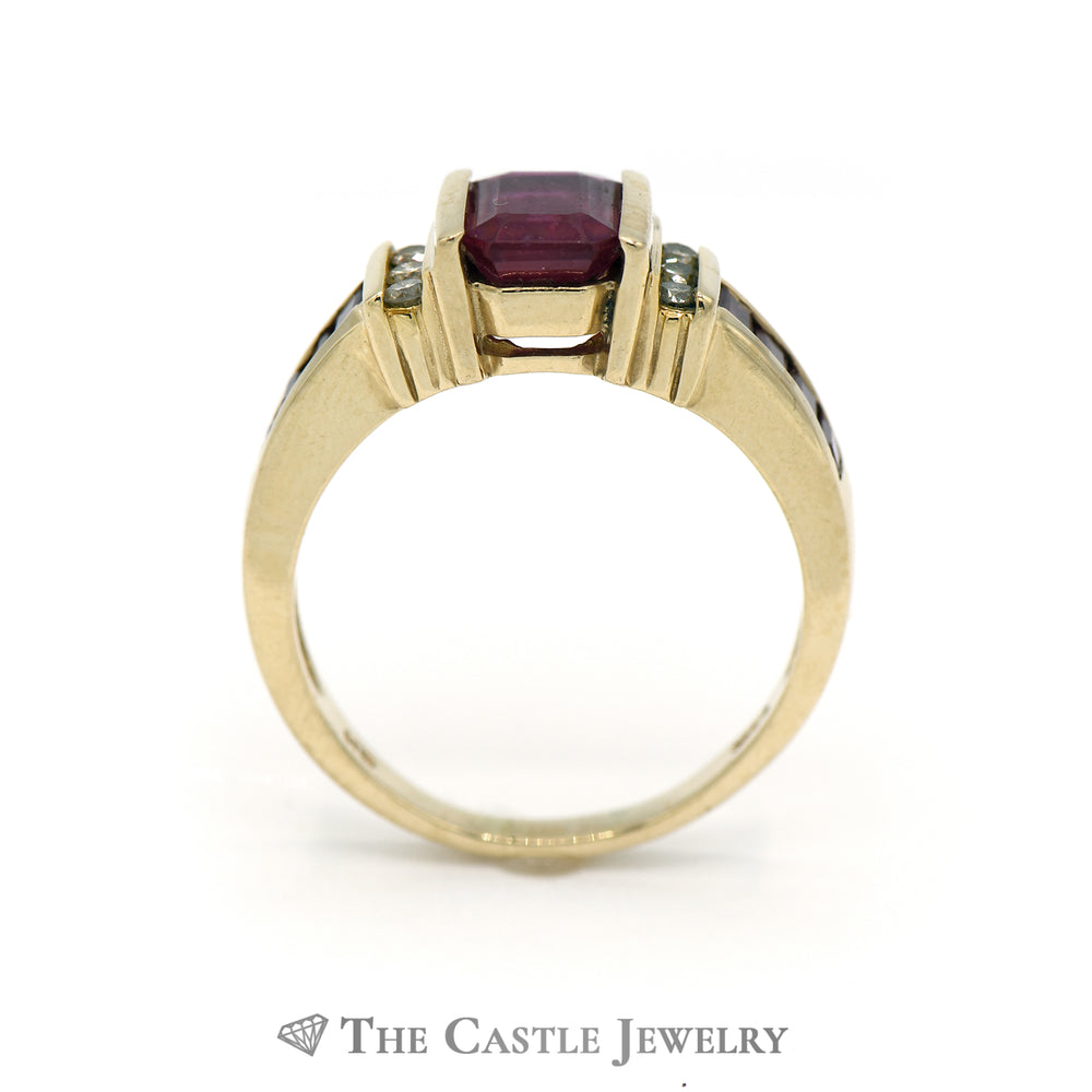 Emerald Cut Ruby Ring With Diamond Accents In 14K Yellow Gold