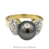 Black Pearl Ring with Diamond Encrusted Heart Sides - Thumbnail 1
