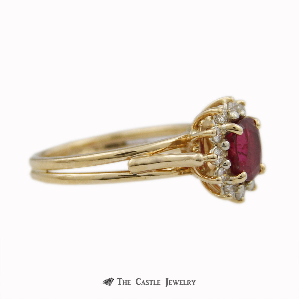 Oval Cut Ruby Ring with .25cttw Round Brilliant Cut Diamond Bezel & Cathedral Mounting