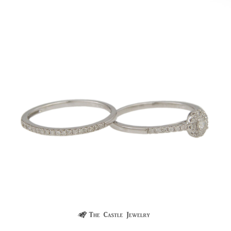 Crown Collection .30cttw Engagement Ring Round Diamond Center Halo & Diamond Wedding Band