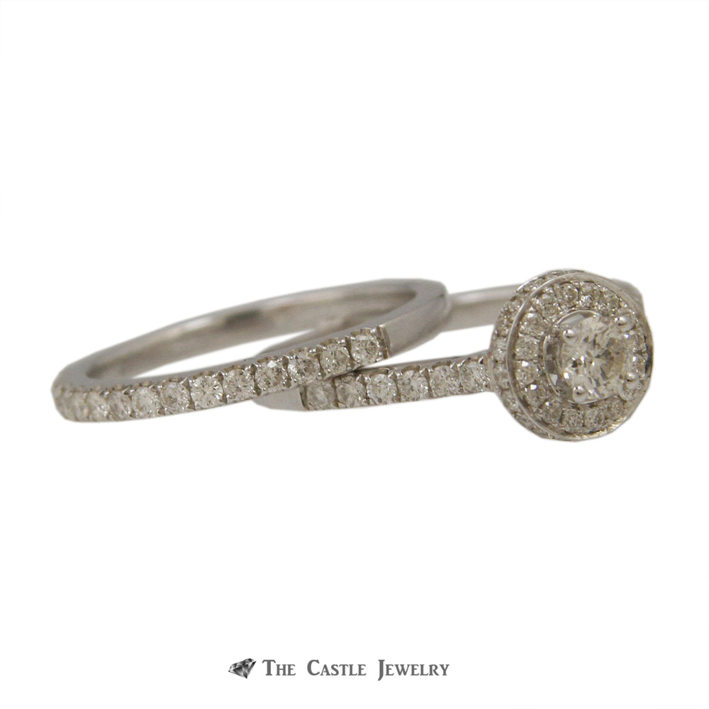 Crown Collection 1cttw Round Diamond Engagement Bridal Set w/ Halo and Cathedral in 14K White Gold