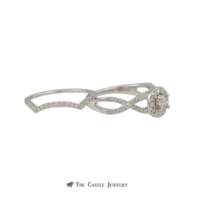 Crown Collection 1cttw Bridal Set Round Diamond Center w/ Diamond Bezel & Cross Over Sides