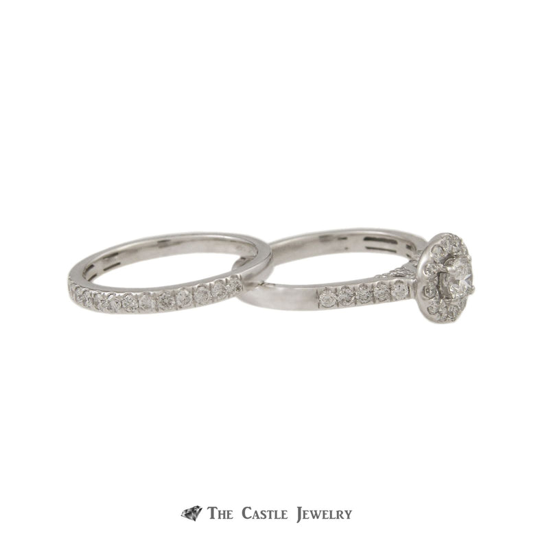 Crown Collection 1cttw Bridal Set w/ Round Center in Diamond Halo & Diamond Sides in 14k