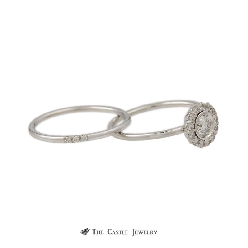 Bridal Set Round Bezel Set Diamond Center Round Diamond Halo 14K White Gold