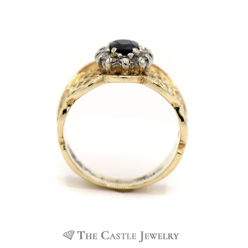 Diamond and Synthetic Sapphire Ring with Lattice Designed Sides