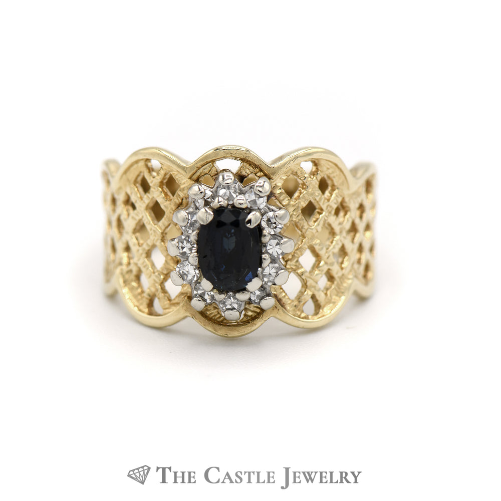 Diamond and Synthetic Sapphire Ring with Lattice Designed Sides