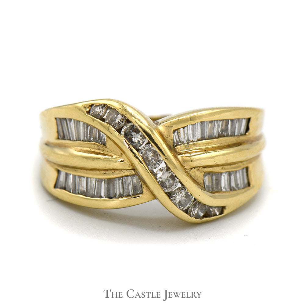 1.5cttw Channel Set Baguette and Round Diamond Crossover Band in 14k Yellow Gold