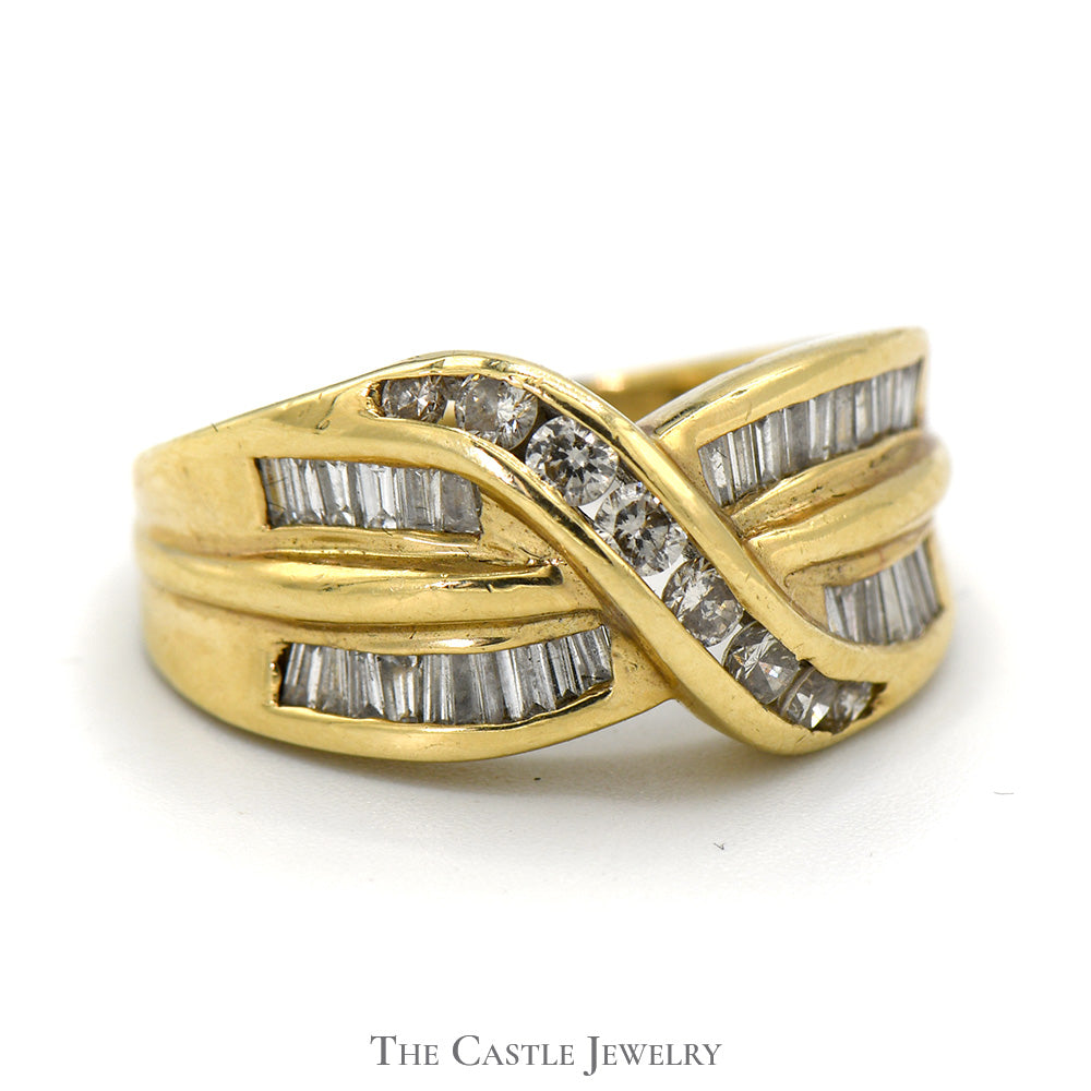 1.5cttw Channel Set Baguette and Round Diamond Crossover Band in 14k Yellow Gold