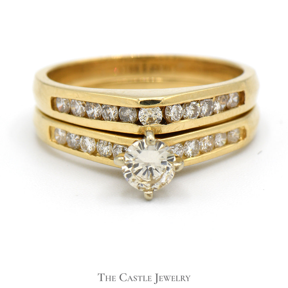 3/4cttw Diamond Solitaire Bridal Set with Channel Set Diamond Accents and Matching Band in 14k Yellow Gold