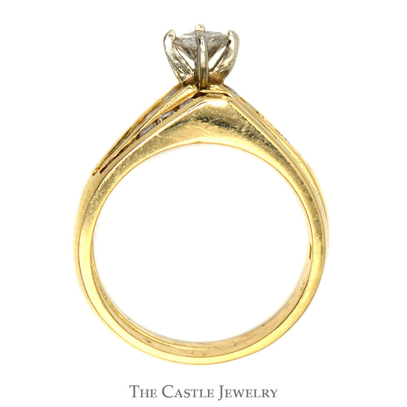 3/4cttw Diamond Solitaire Bridal Set with Channel Set Diamond Accents and Matching Band in 14k Yellow Gold