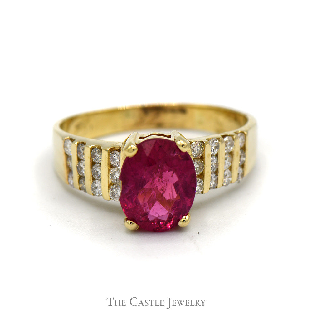 Oval Pink Tourmaline Ring with 8 Rows of Diamonds in 14k Yellow Gold