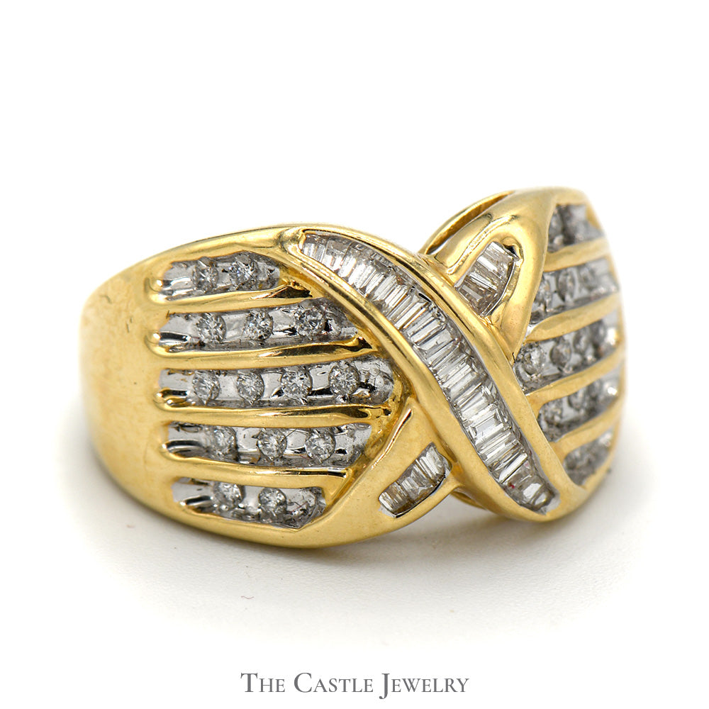 3/4cttw Round and Baguette Diamond Crossover Cluster Ring in 14k Yellow Gold