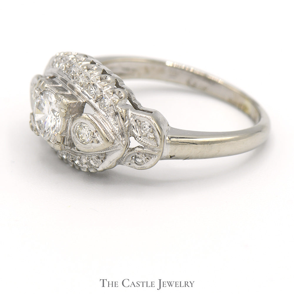 Antique Style Diamond Solitaire Ring with Accents in 14k White Gold Leaf Designed Setting
